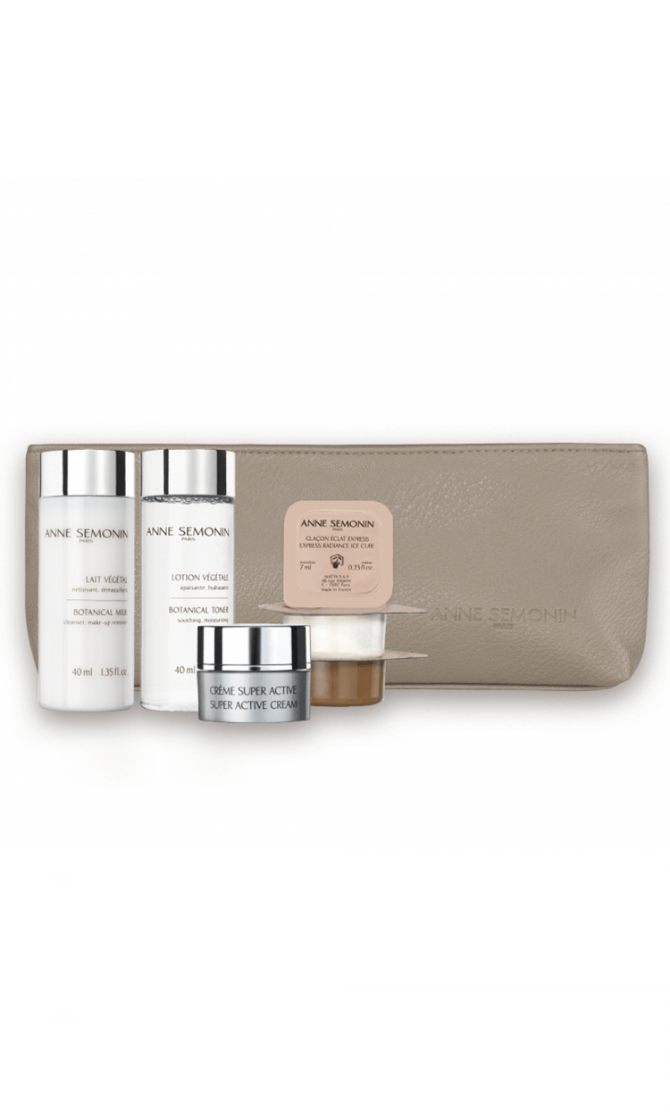 Discovery kit (botanical milk 40 ml + botanical toner 40 ml + 1 x Express radiance ice cubes + deluxe sample Super active cream + Exfoliating mask unidose + Mineral mask unidose + Make-up case)